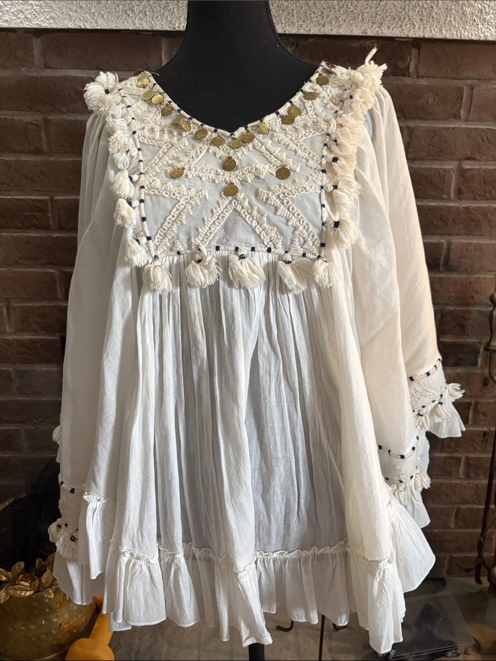 Mes Demoiselles White Embroidered Tassel Tunic with Gold Coins